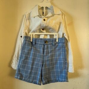 Janie and Jack white linen top and blue plaid shorts